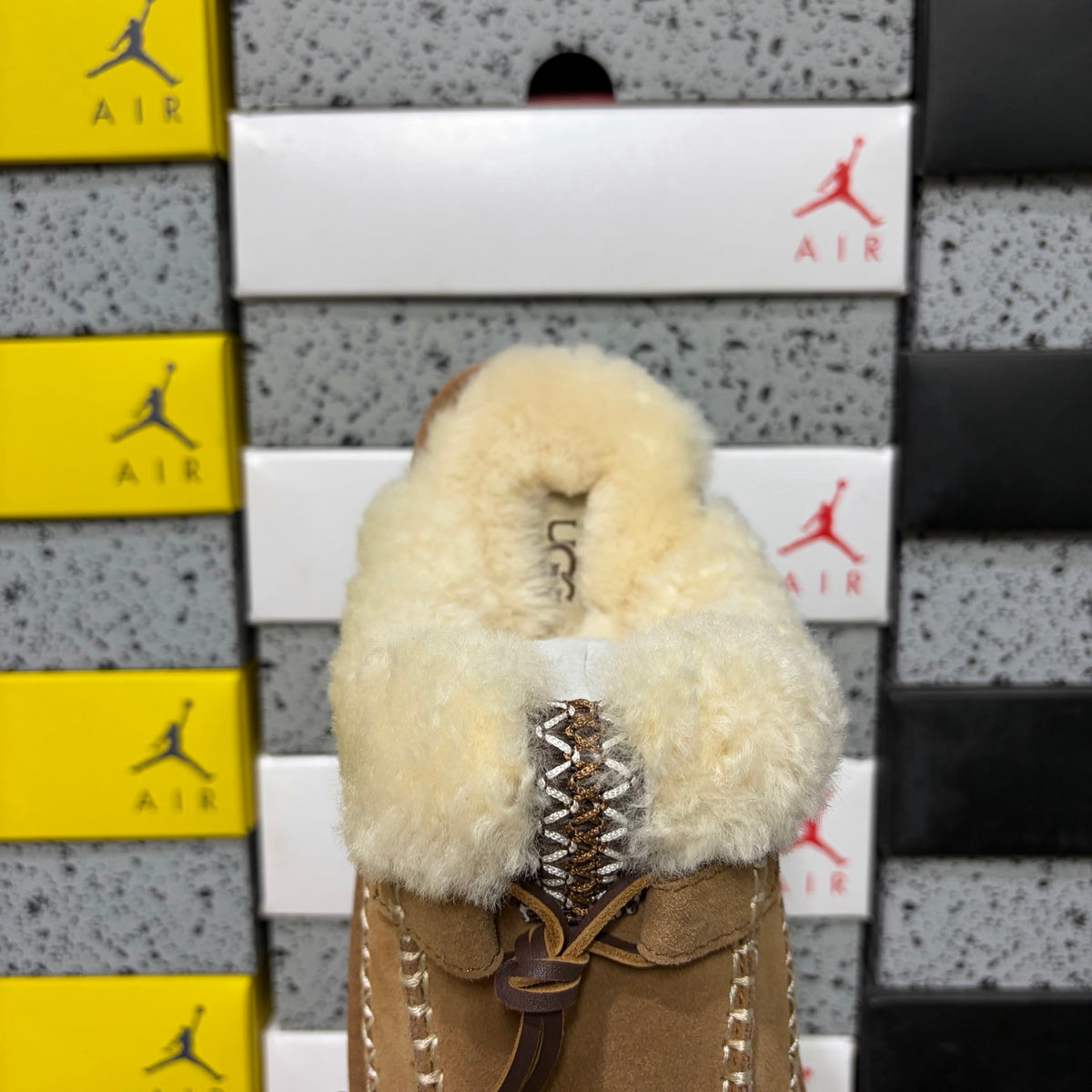 UGG Fluffy-Collar Platform Mule Slippers in Chestnut