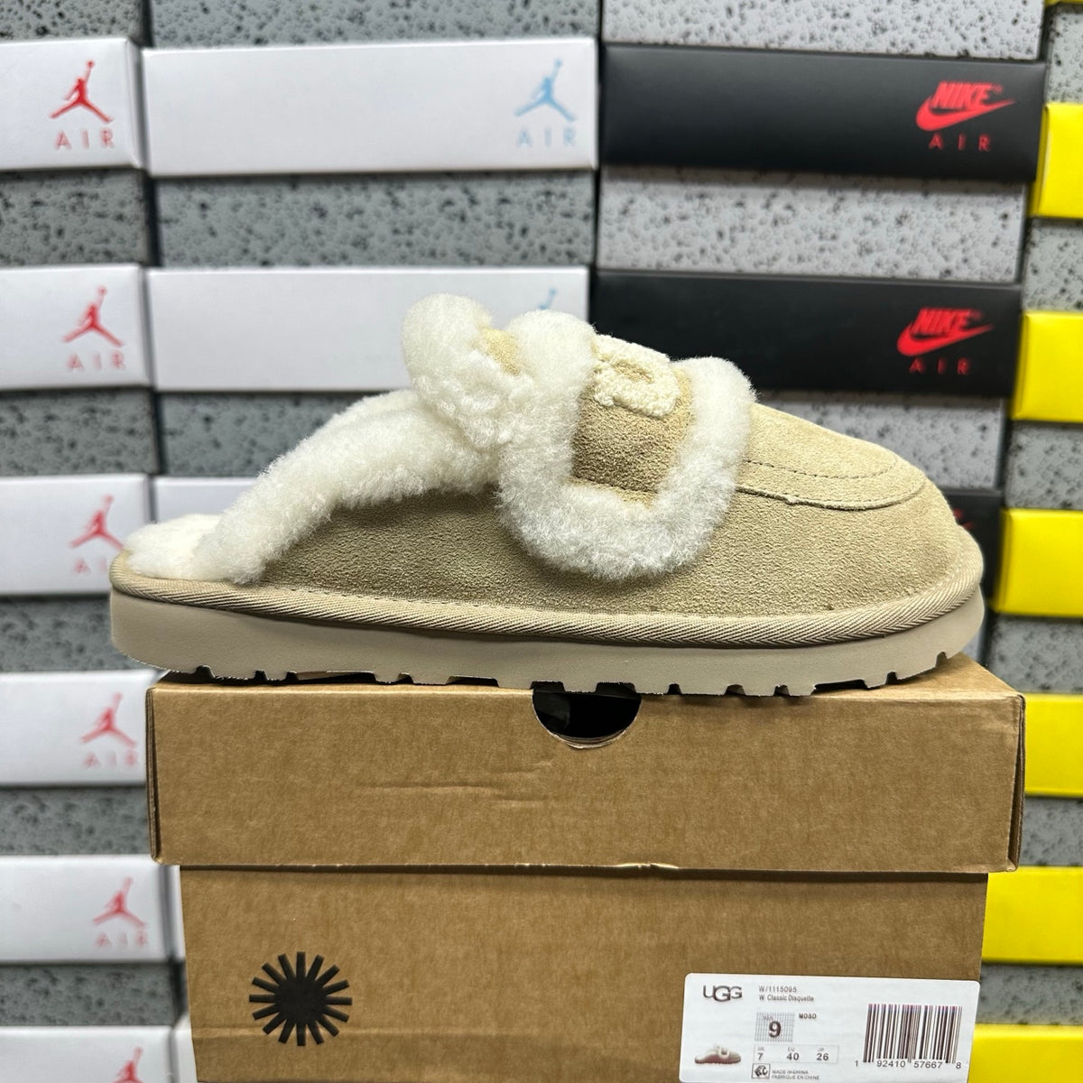 UGG Embroidered Fluffy-Trim Mule Slippers in Sand
