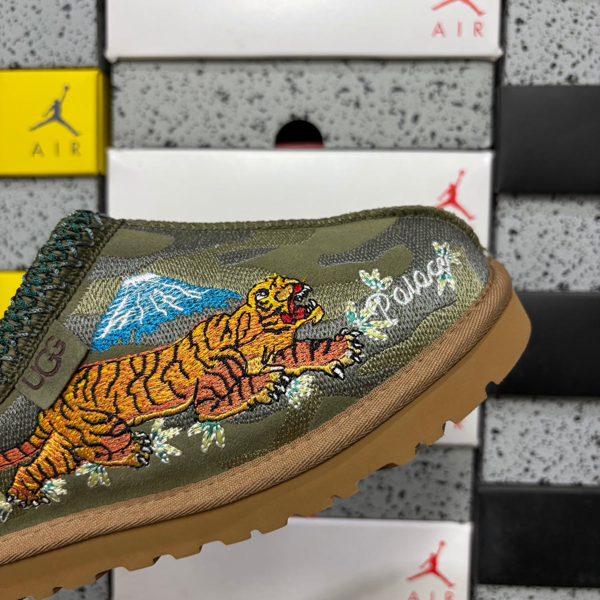 UGG Dragon & Tiger Embroidered Slip-On Shoes in Olive Green