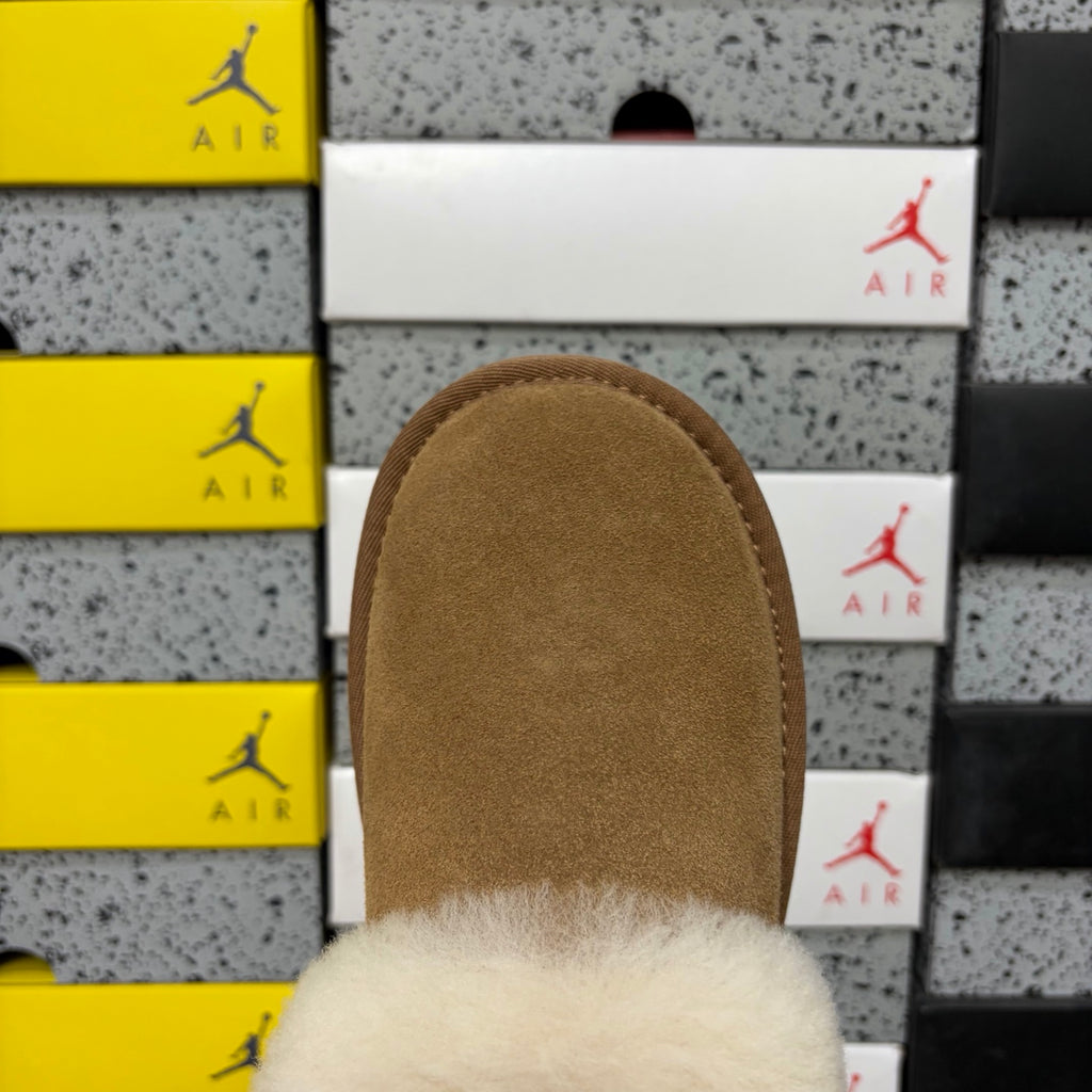UGG Fluffy-Collar Platform Slip-On Shoes in Chestnut & Cream