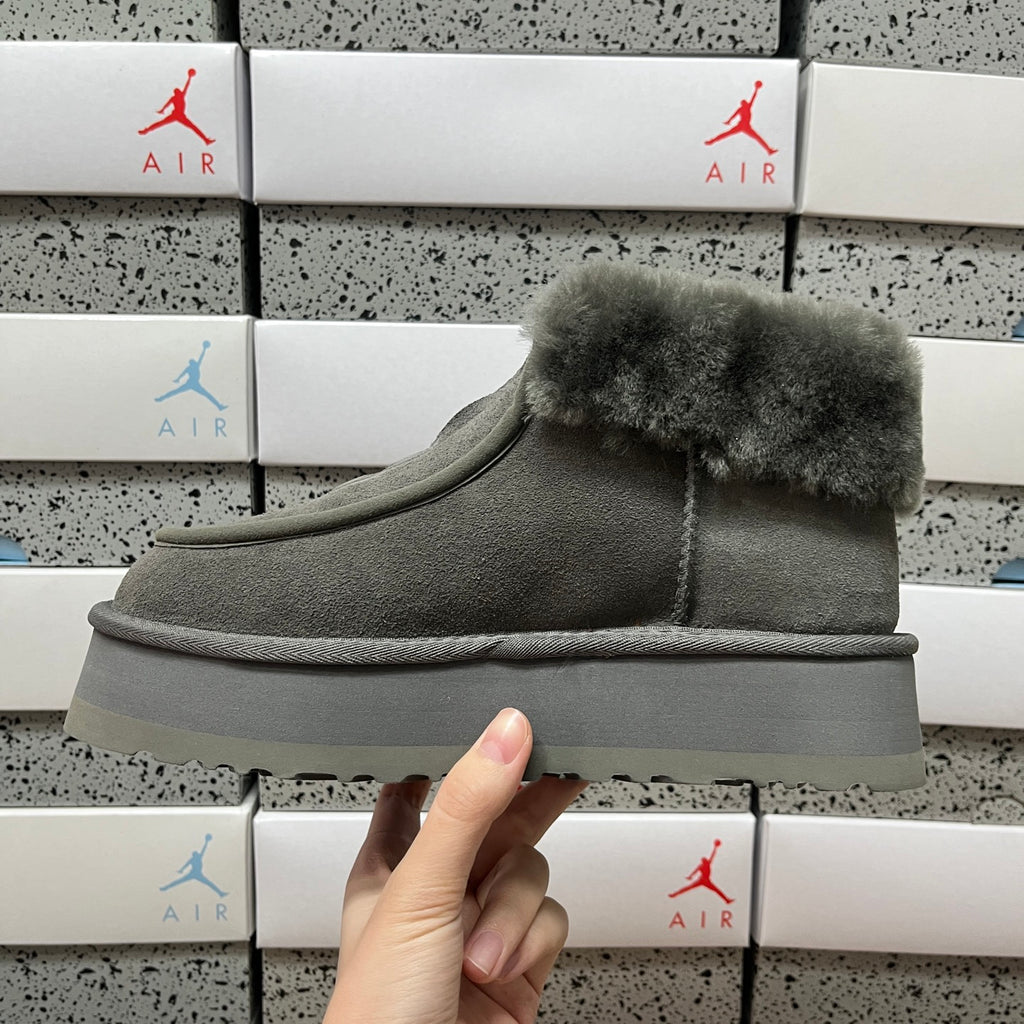 UGG Fluffy-Collar Zip-Front Platform Ankle Boots in Grey