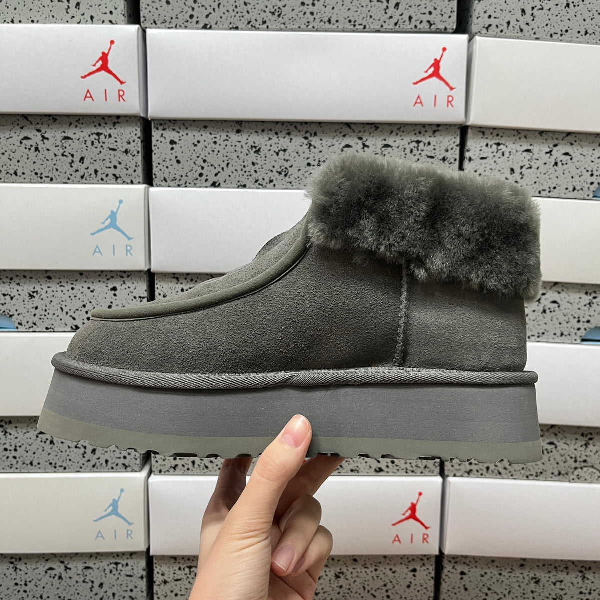 UGG Fluffy-Collar Zip-Front Platform Ankle Boots in Grey