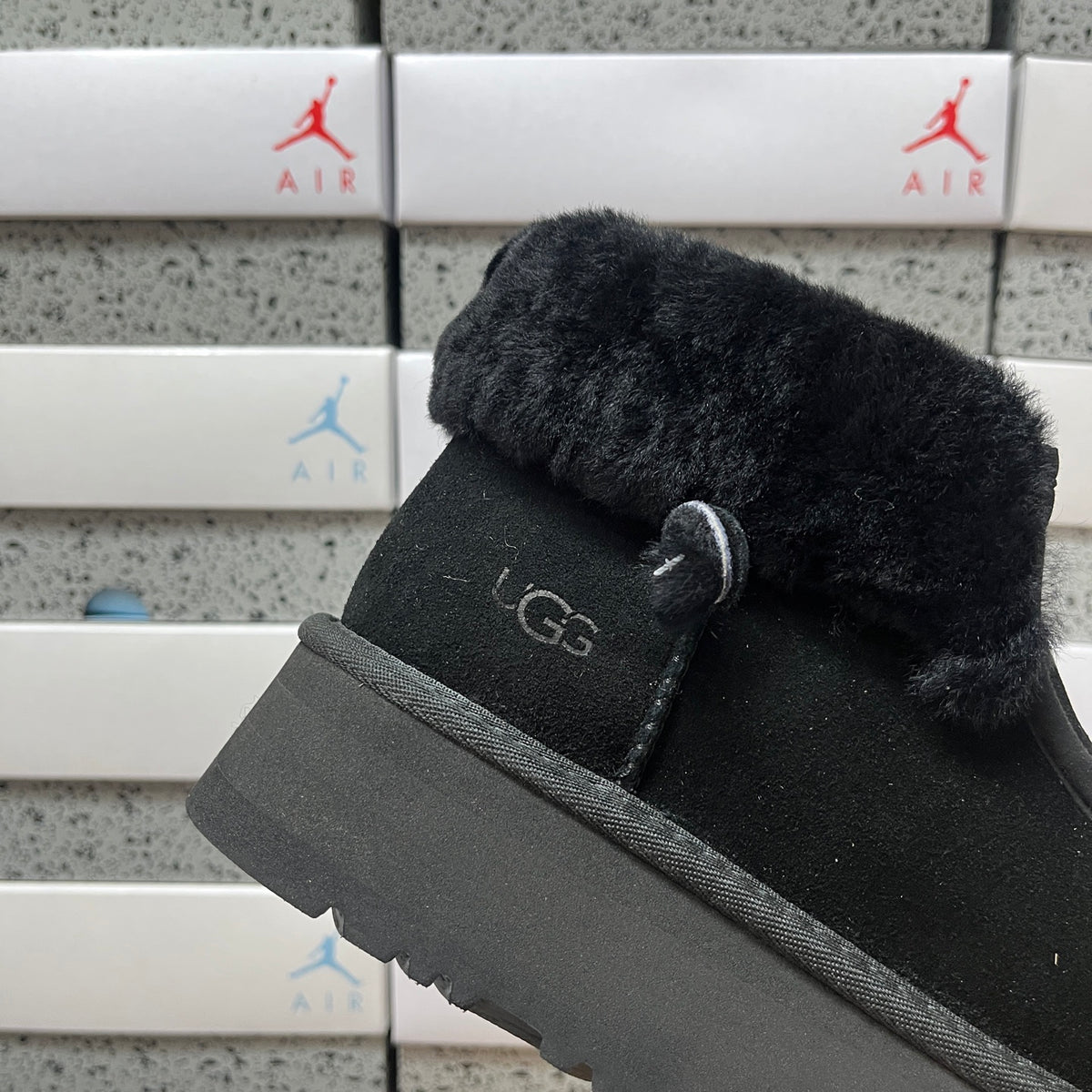 UGG Fluffy-Collar Zip-Front Platform Ankle Boots in Black