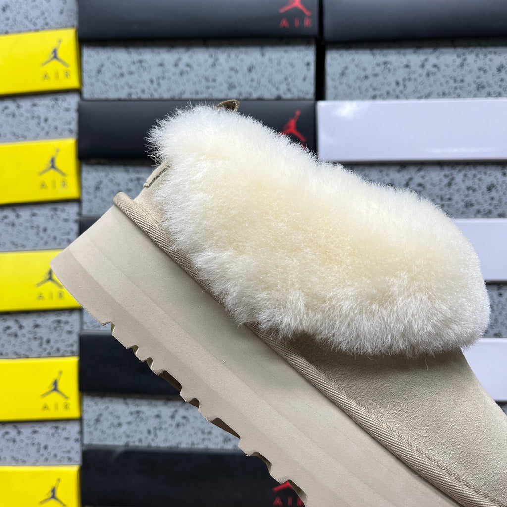 UGG Fluffy-Collar Platform Ankle Boots in Sand