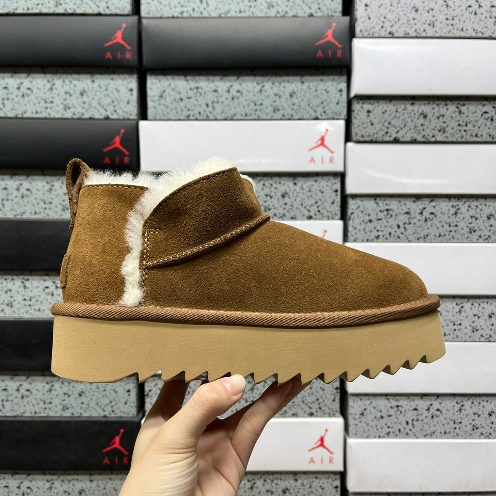 UGG Fluffy-Trim Mini Platform Ankle Boots in Chestnut