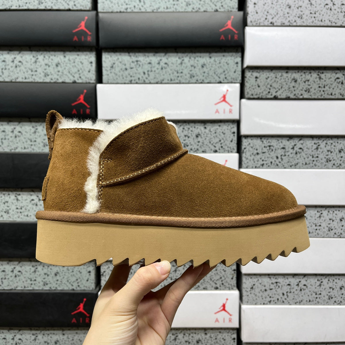 UGG Fluffy-Trim Mini Platform Ankle Boots in Chestnut