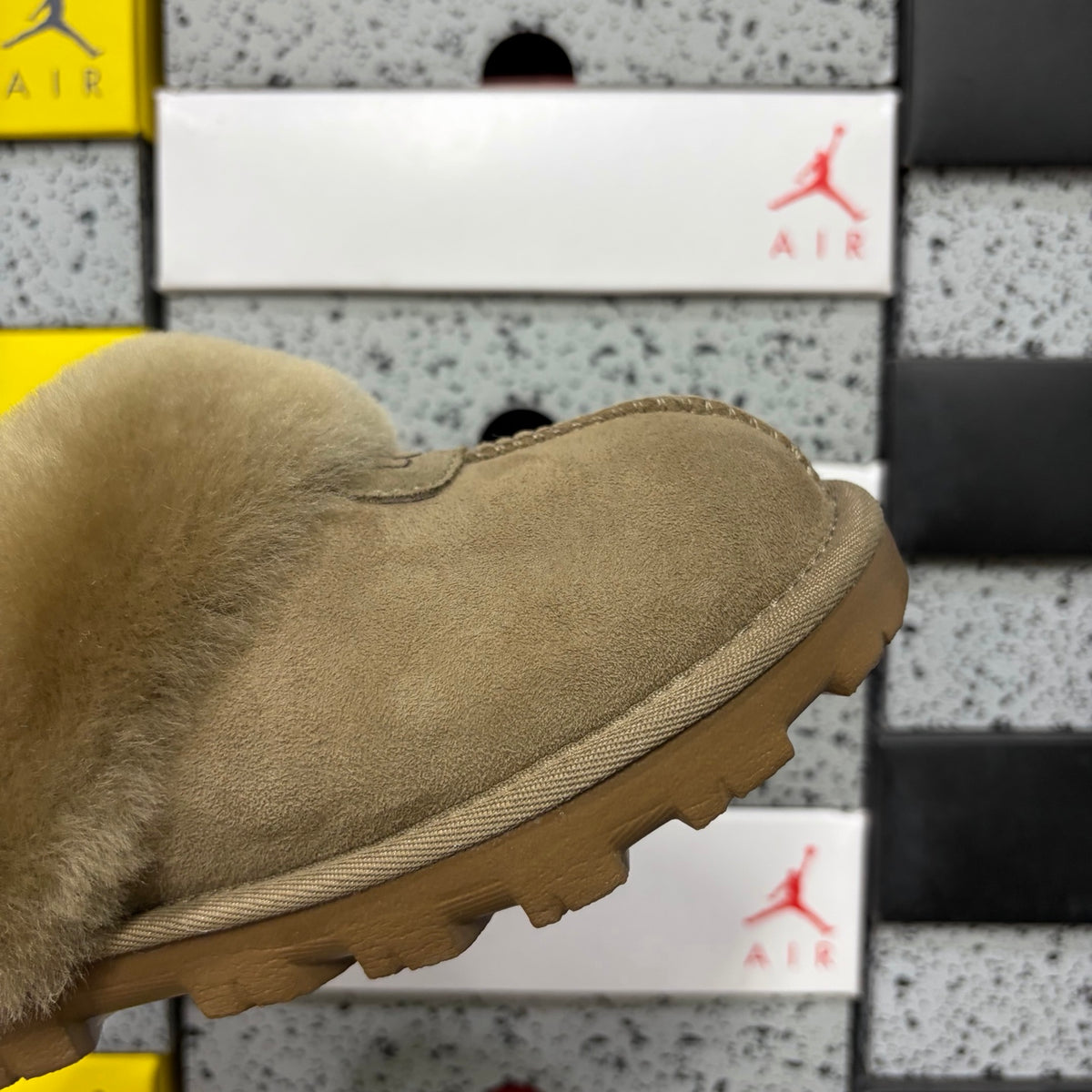 UGG Fluffy-Collar Lug-Sole Mule Slippers in Antelope Brown