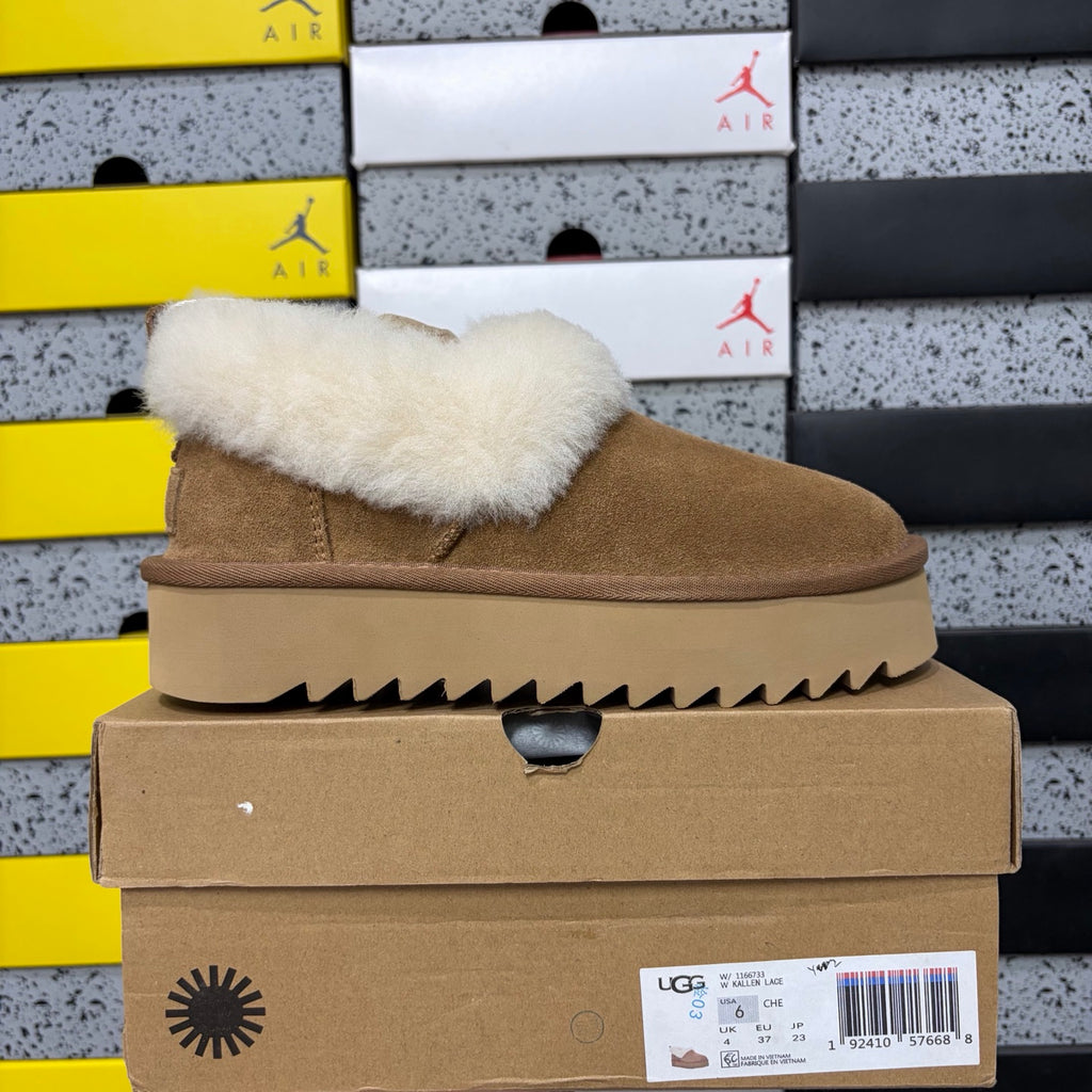 UGG Fluffy-Collar Platform Slip-On Shoes in Chestnut & Cream