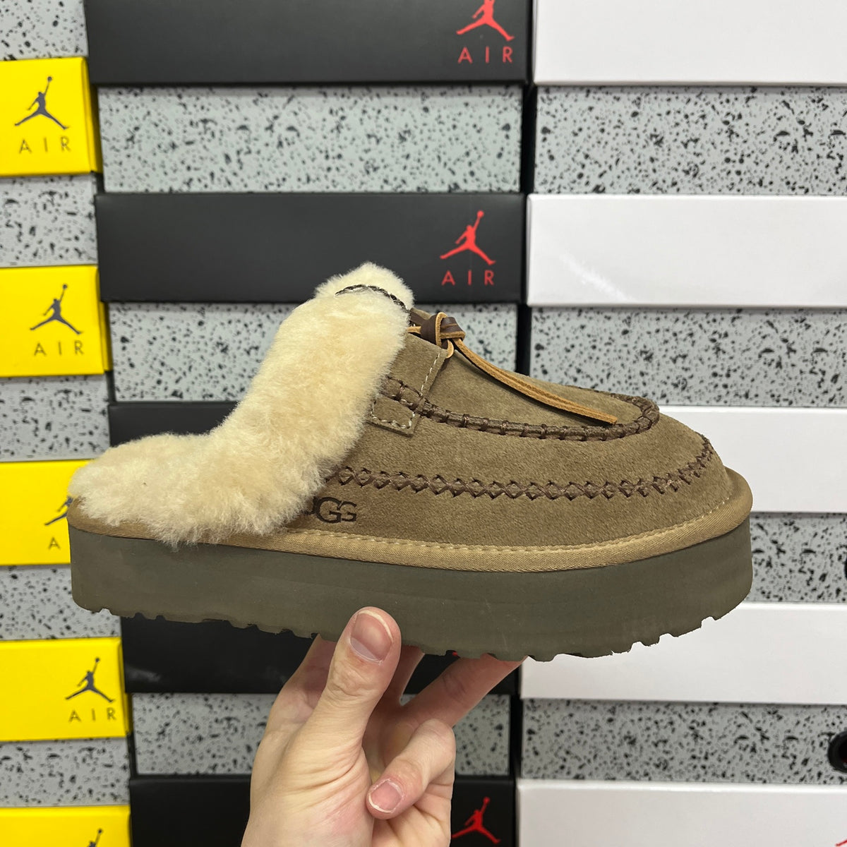 UGG Fluffy-Collar Platform Mule Slippers in Walnut