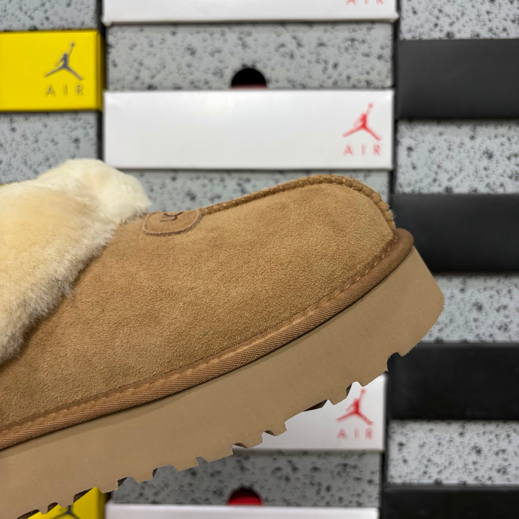 UGG Fluffy-Collar Platform Slip-On Shoes in Chestnut