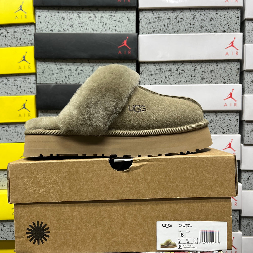 UGG Fluffy-Collar Platform Slippers in Antelope Brown