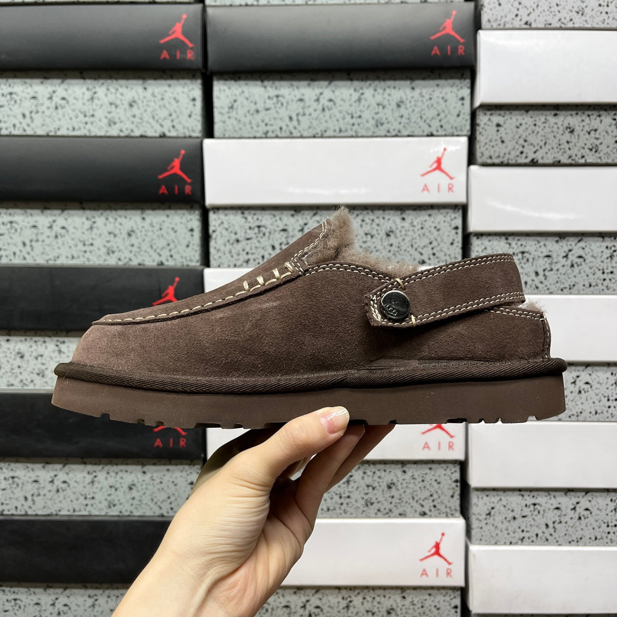 UGG Fluffy-Lined Buckle-Strap Clogs in Dark Brown