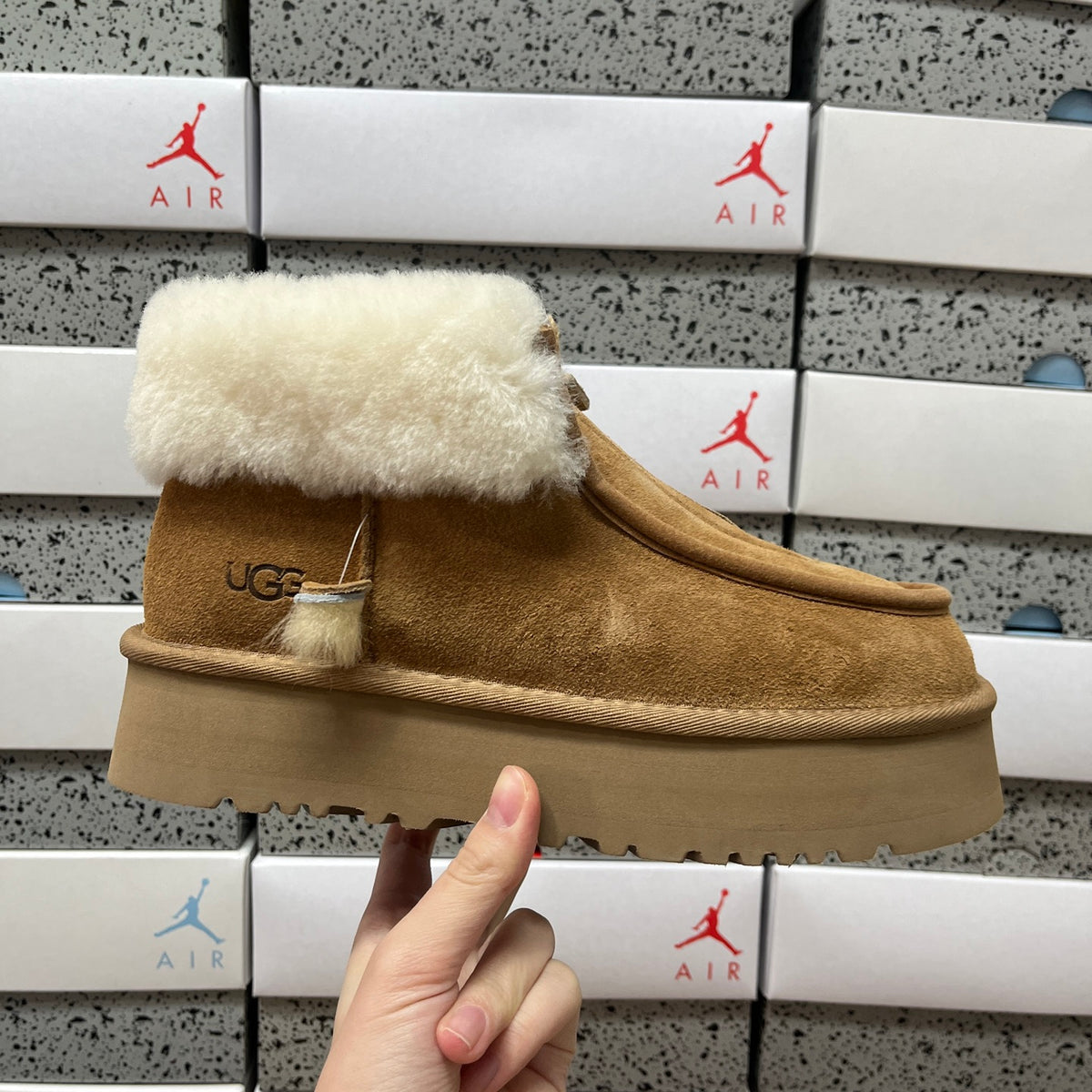 UGG Fluffy-Collar Zip-Front Platform Ankle Boots in Chestnut