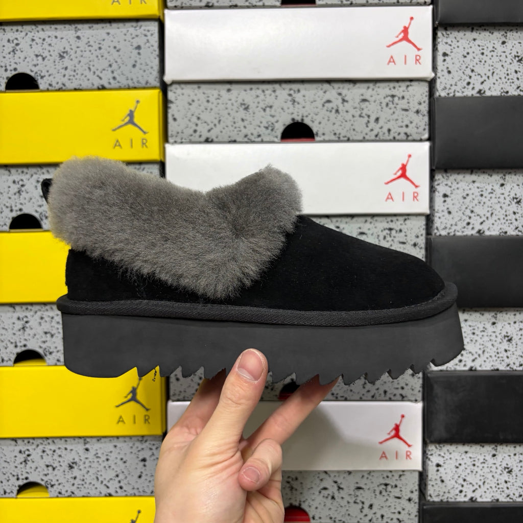 UGG Fluffy-Collar Platform Slip-On Shoes in Black & Grey