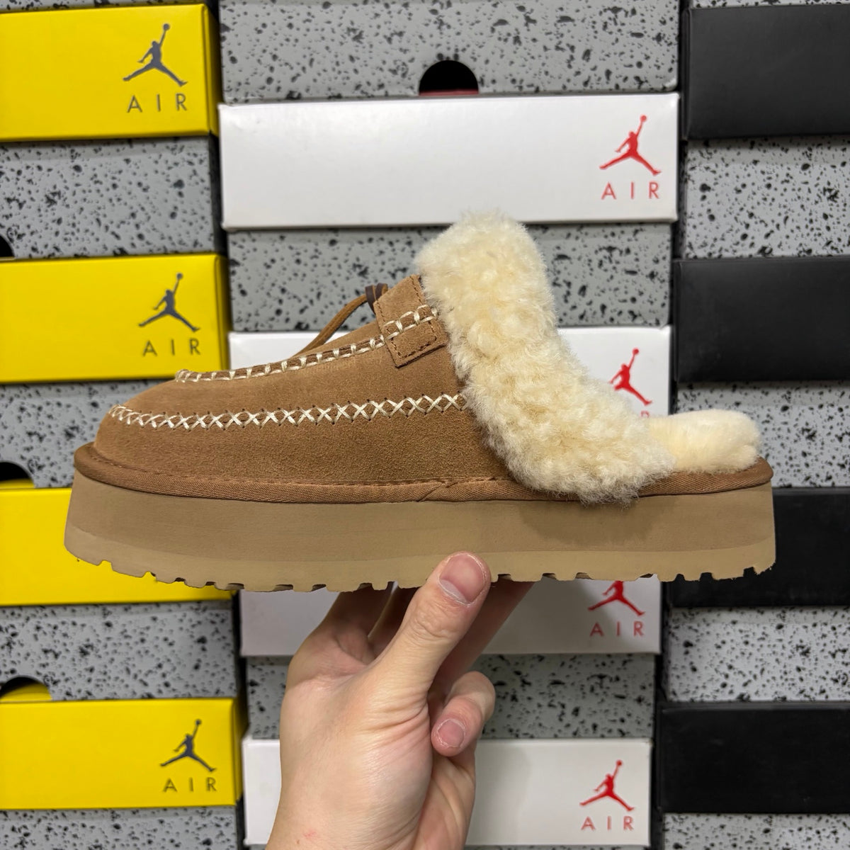 UGG Fluffy-Collar Platform Mule Slippers in Chestnut