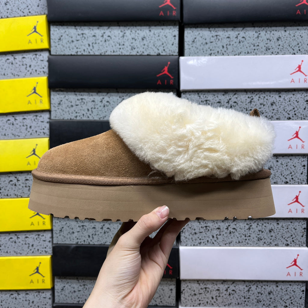 UGG Fluffy-Collar Platform Ankle Boots in Chestnut