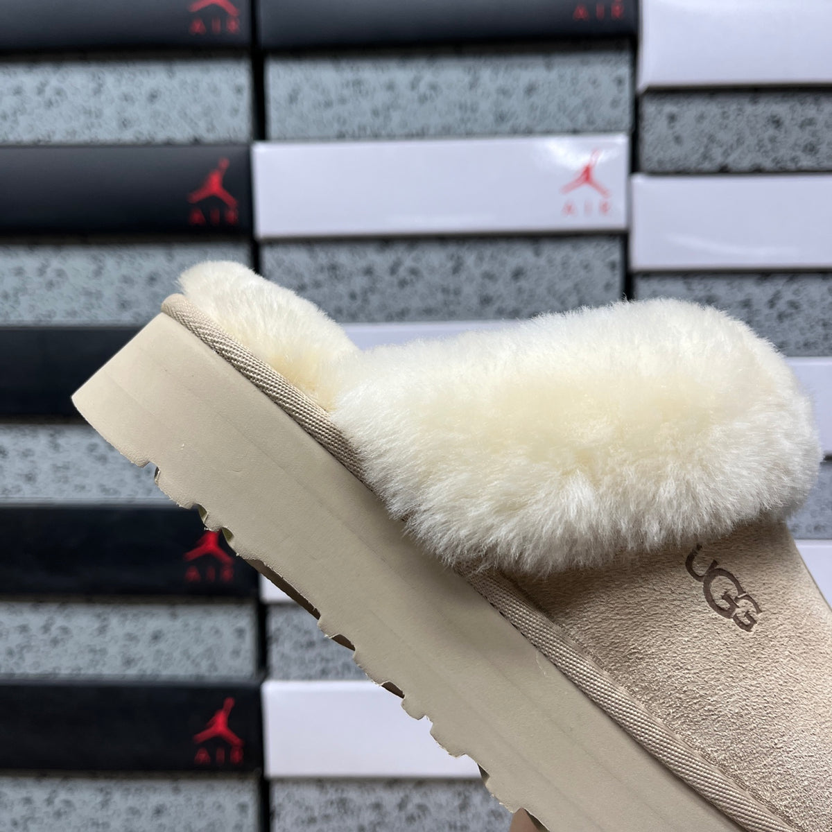 UGG Fluffy-Collar Platform Slippers in Sand