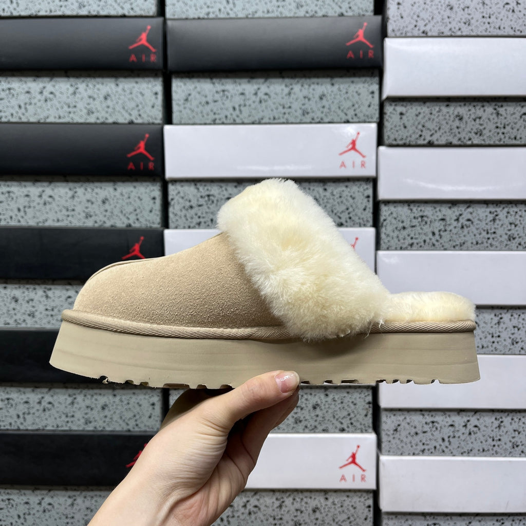 UGG Fluffy-Collar Platform Slippers in Sand