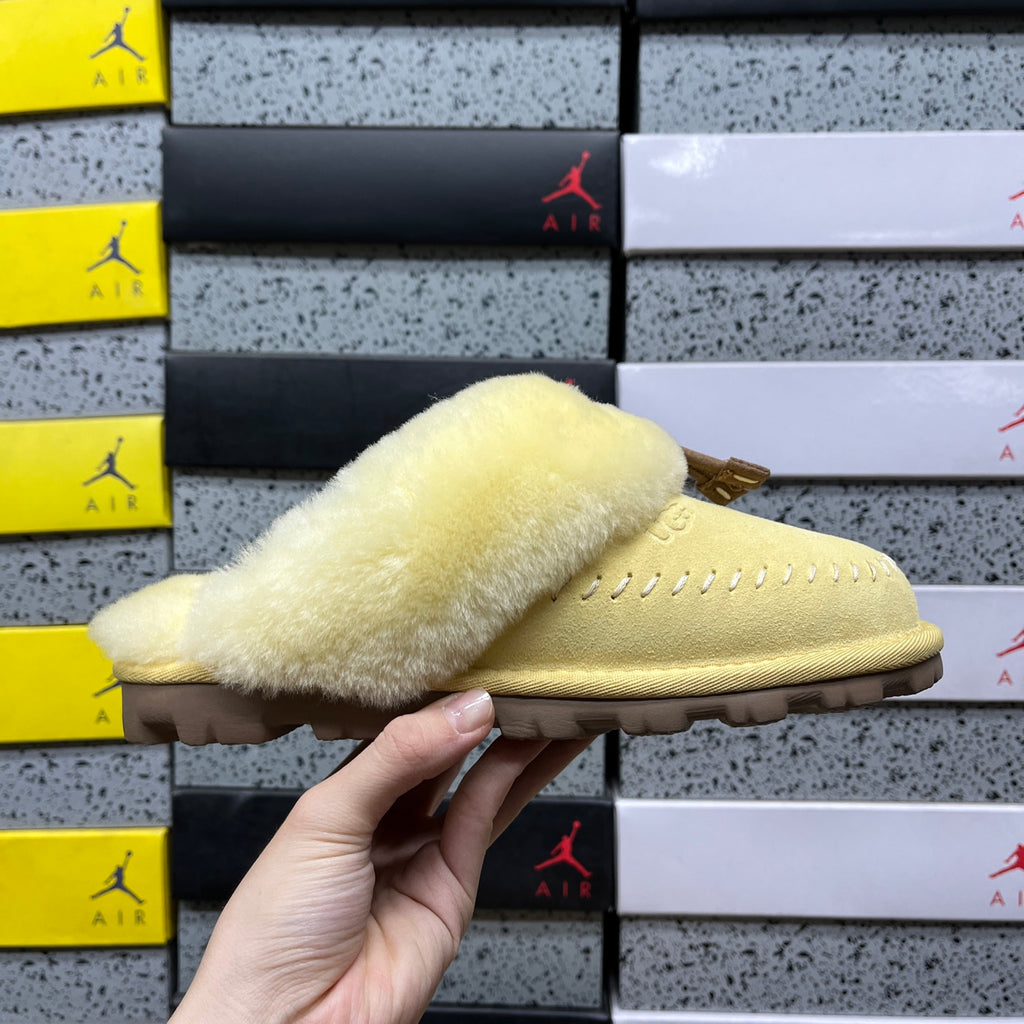 UGG Fluffy-Collar Slippers in Soft Yellow