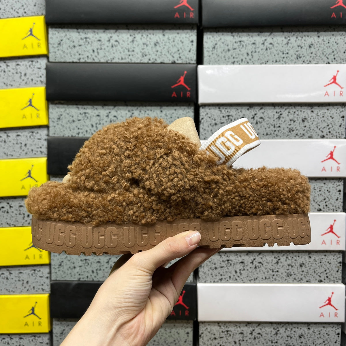 UGG Fluffy Cross-Strap Platform Sandals in Chestnut