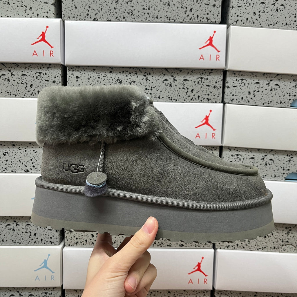 UGG Fluffy-Collar Zip-Front Platform Ankle Boots in Grey