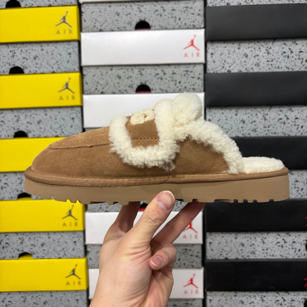 UGG Embroidered Fluffy-Trim Mule Slippers in Chestnut