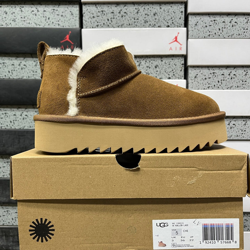 UGG Fluffy-Trim Mini Platform Ankle Boots in Chestnut