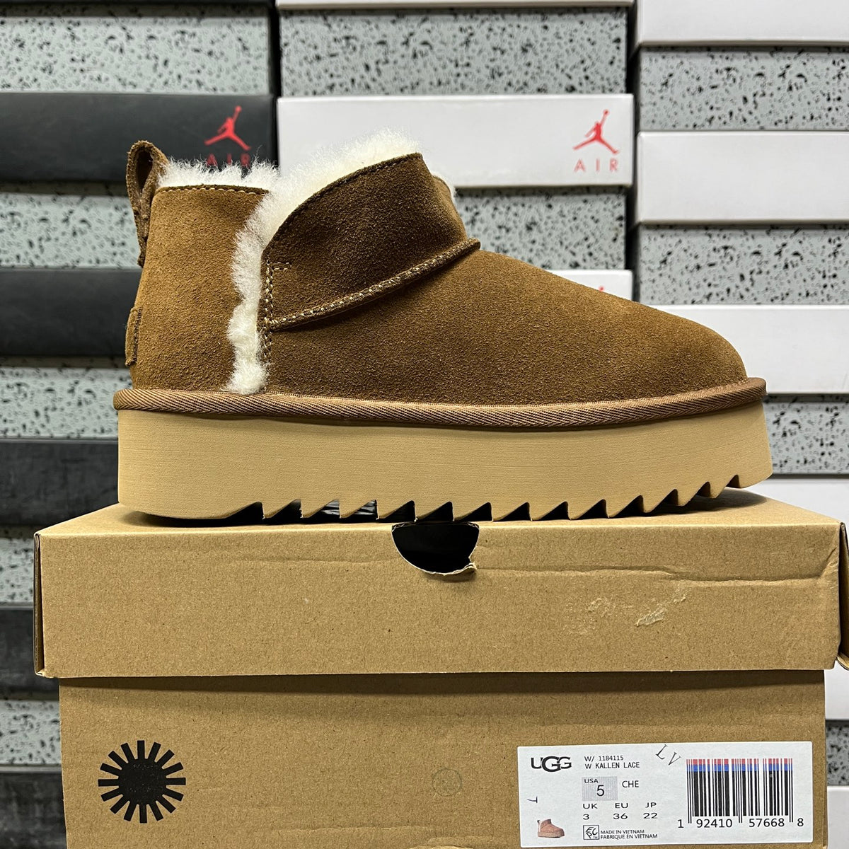 UGG Fluffy-Trim Mini Platform Ankle Boots in Chestnut