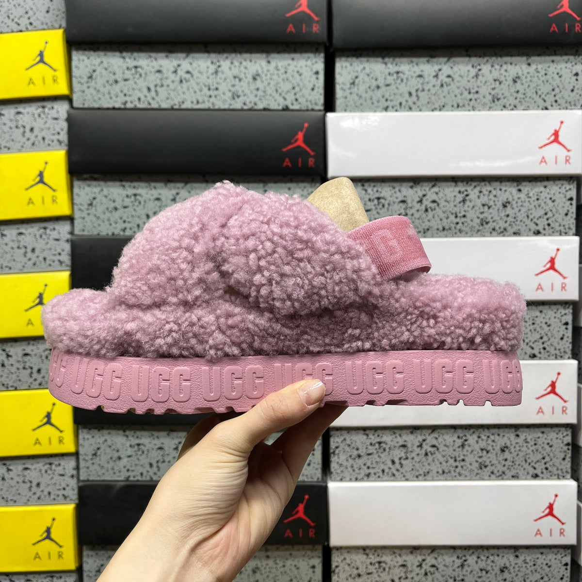 UGG Fluffy Cross-Strap Platform Sandals in Mauve