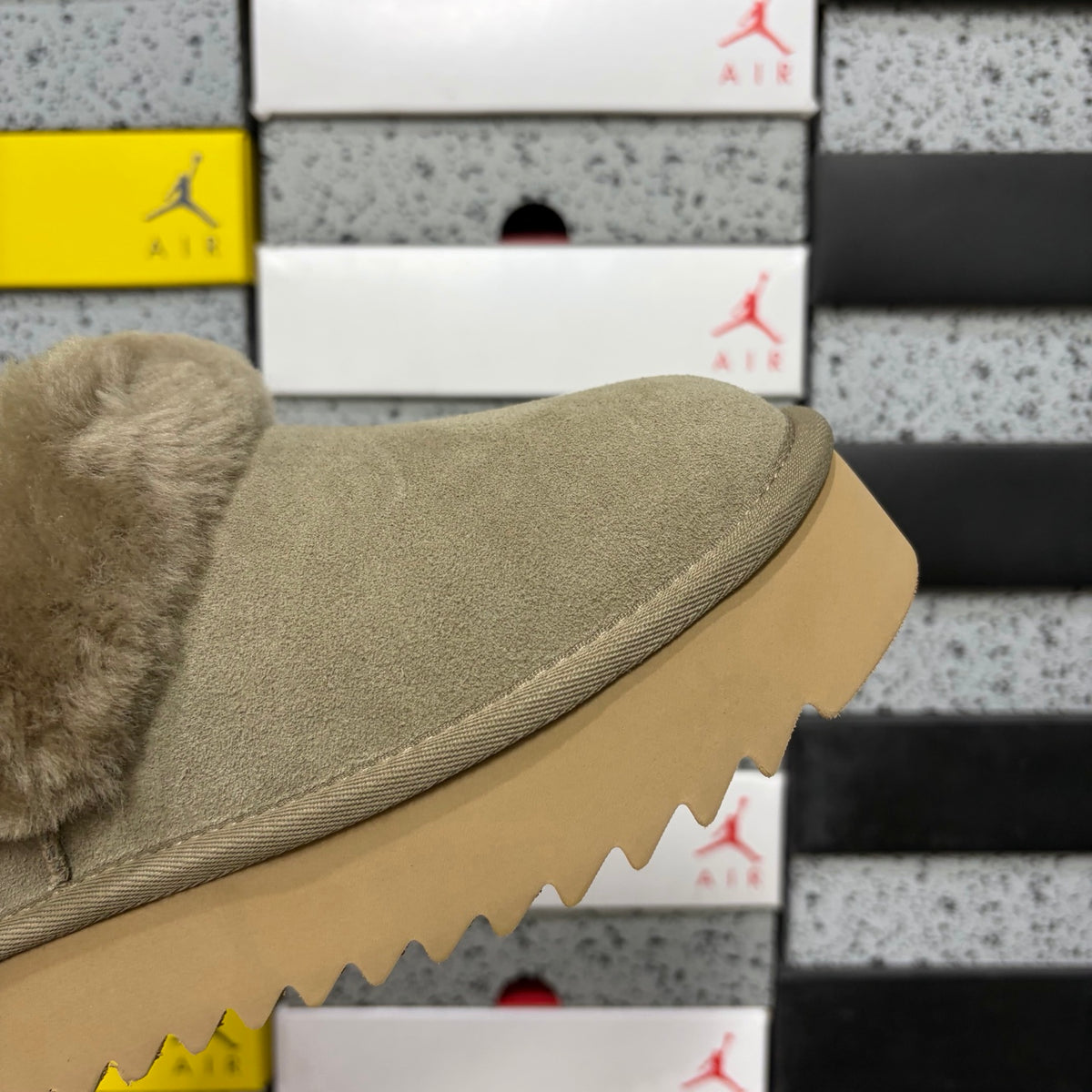 UGG Fluffy-Collar Platform Slip-On Shoes in Taupe Brown