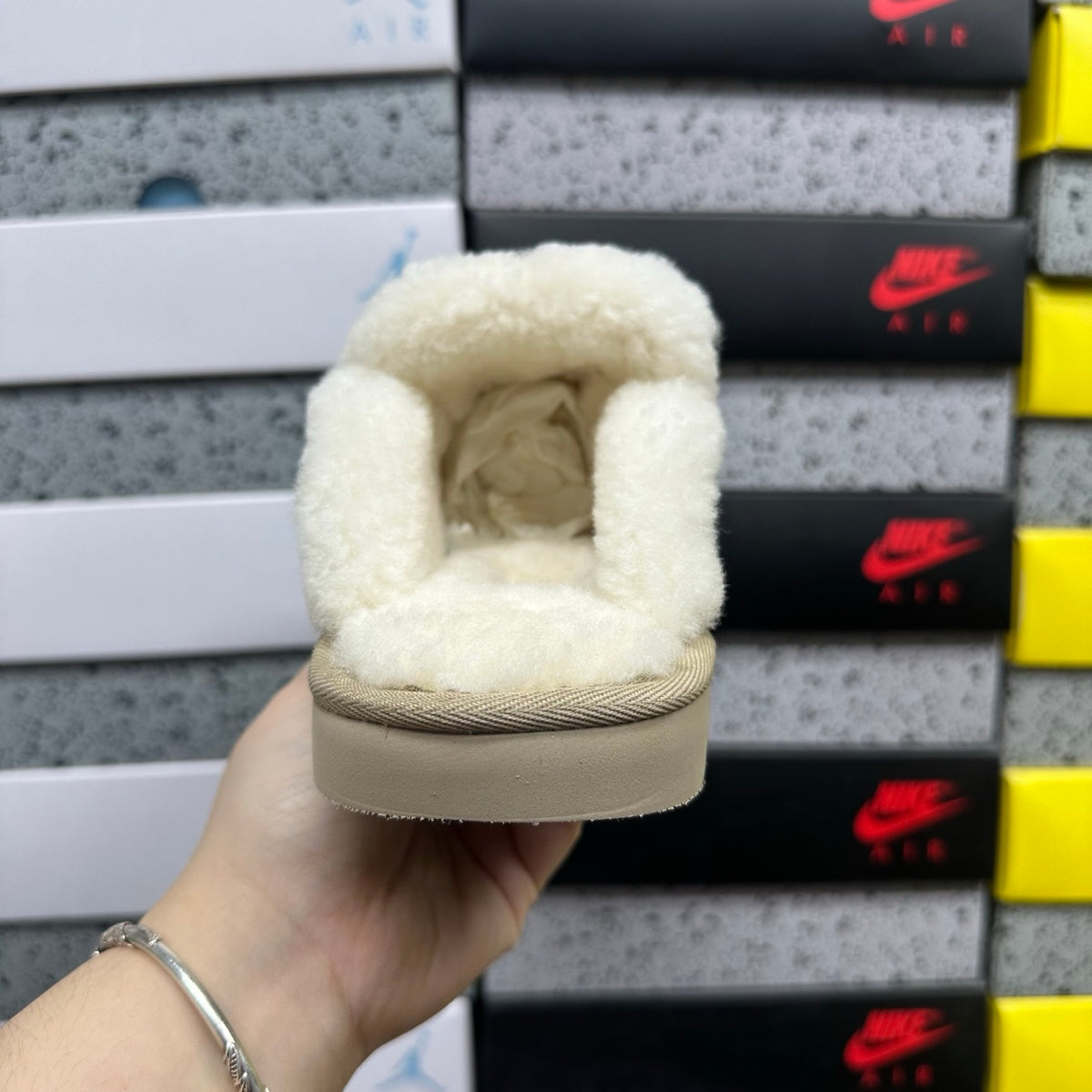 UGG Embroidered Fluffy-Trim Mule Slippers in Sand