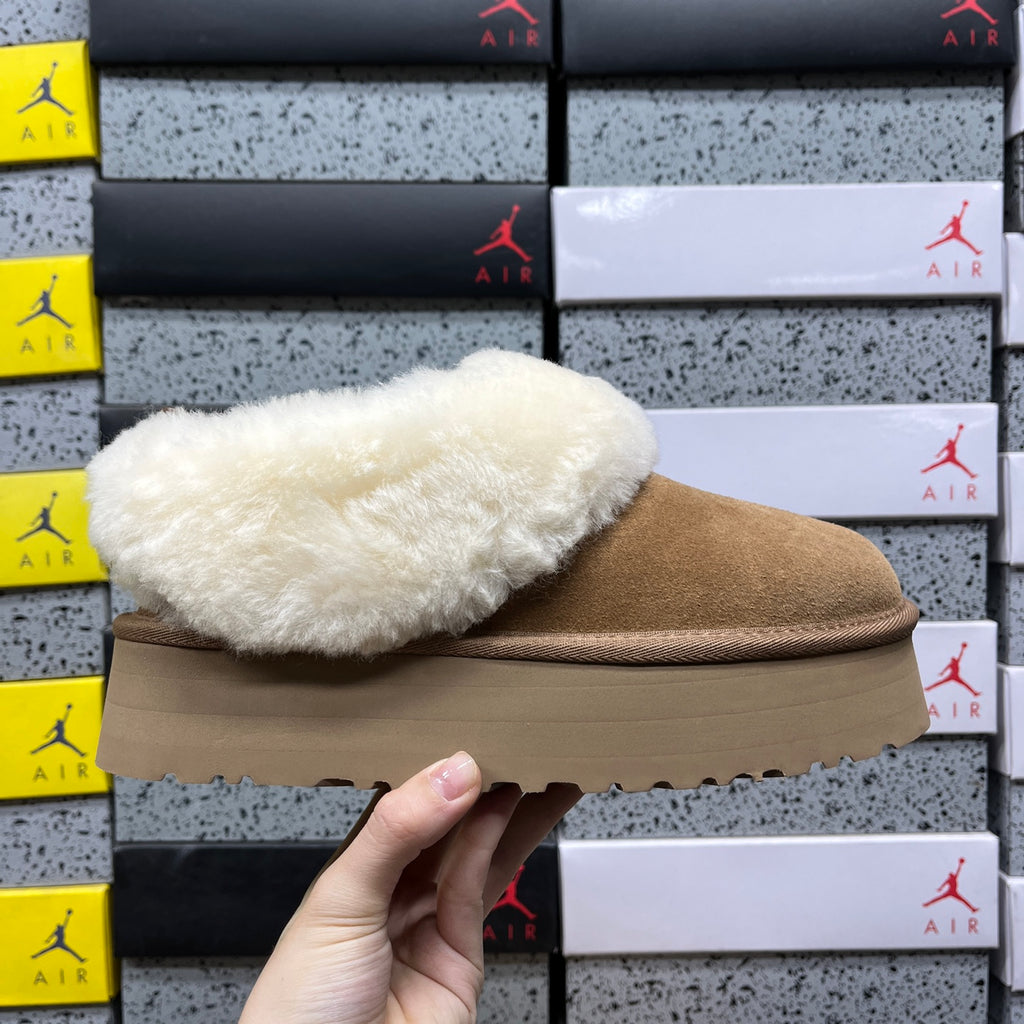 UGG Fluffy-Collar Platform Ankle Boots in Chestnut
