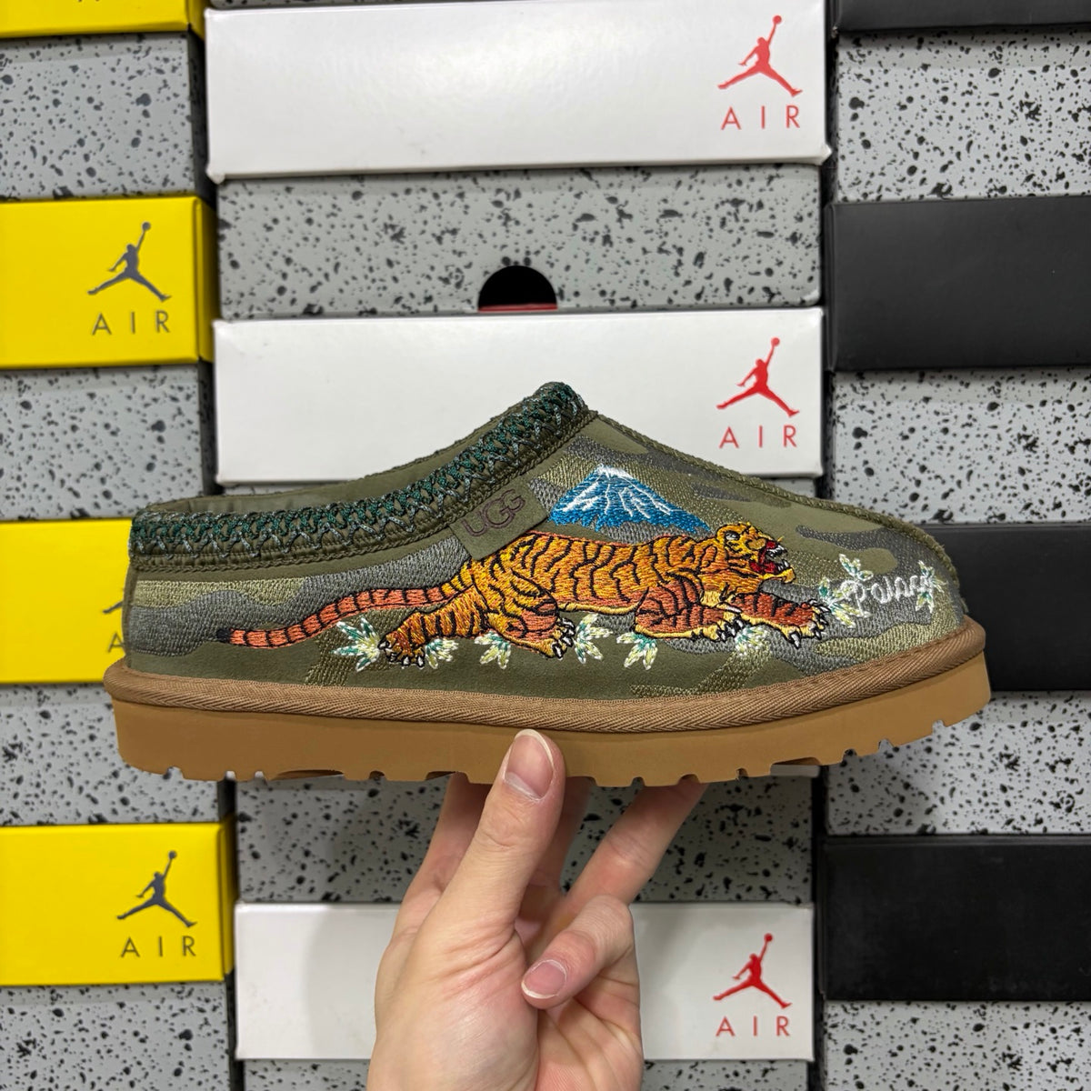 UGG Dragon & Tiger Embroidered Slip-On Shoes in Olive Green