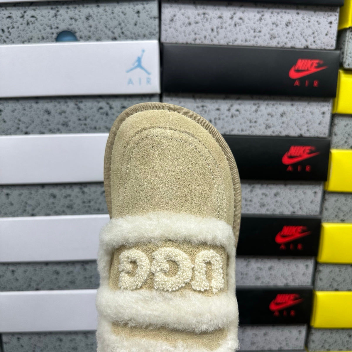 UGG Embroidered Fluffy-Trim Mule Slippers in Sand