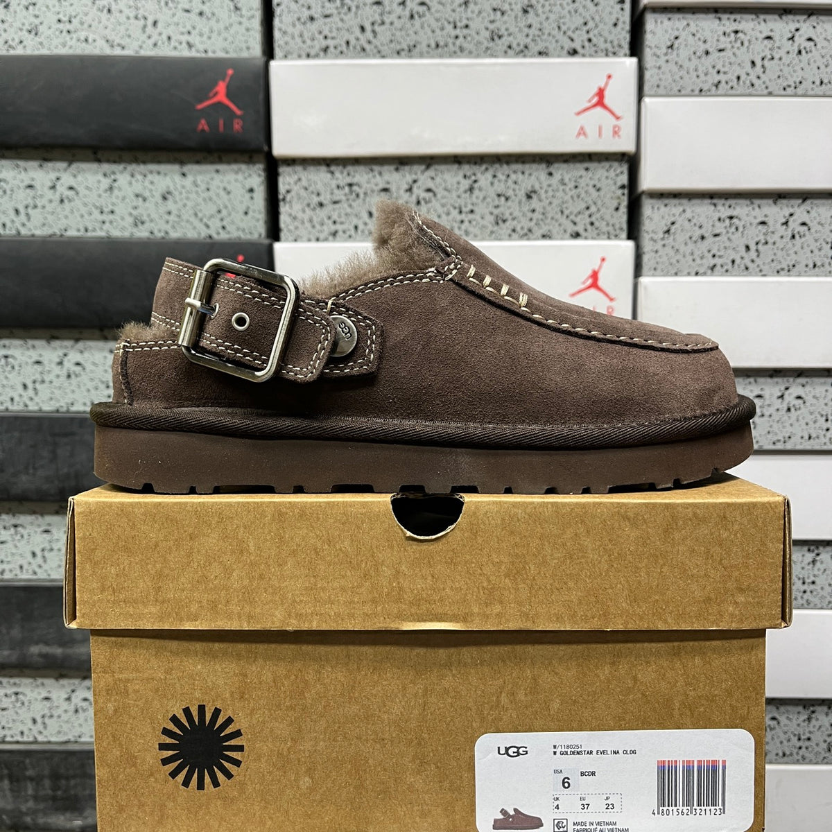 UGG Fluffy-Lined Buckle-Strap Clogs in Dark Brown