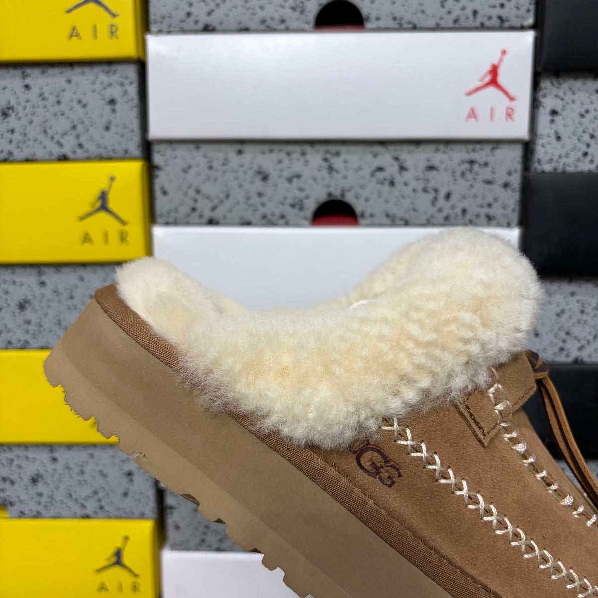 UGG Fluffy-Collar Platform Mule Slippers in Chestnut