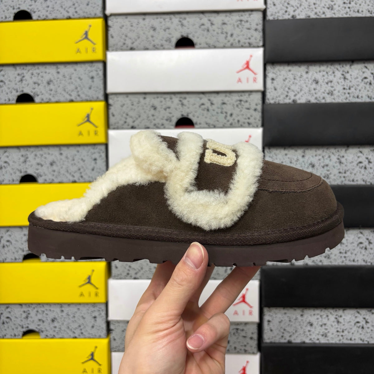 UGG Embroidered Fluffy-Trim Mule Slippers in Chocolate Brown