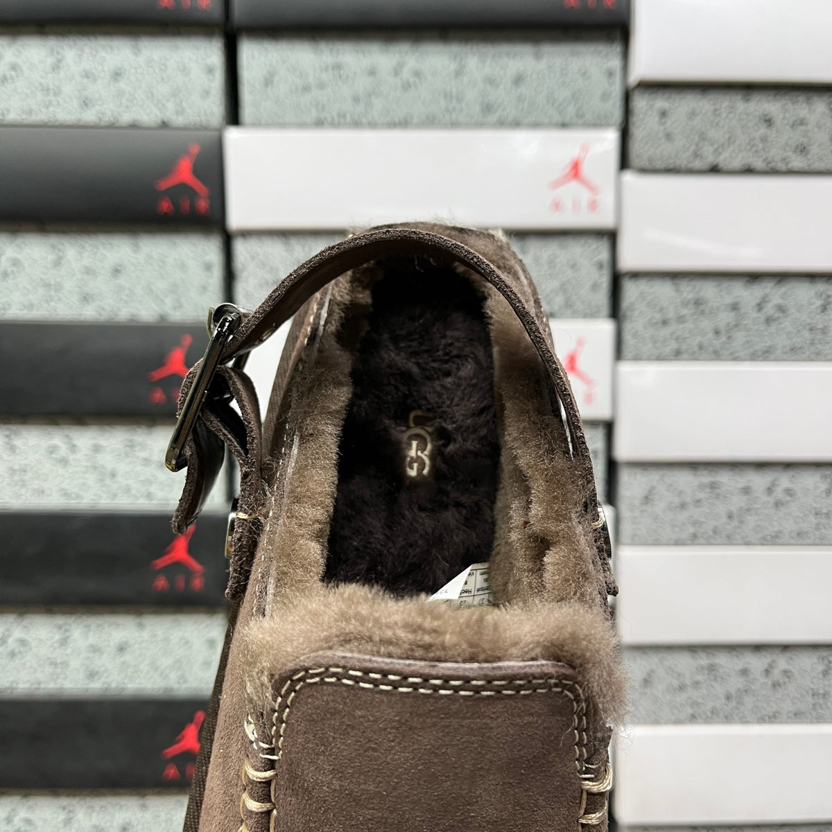 UGG Fluffy-Lined Buckle-Strap Clogs in Dark Brown