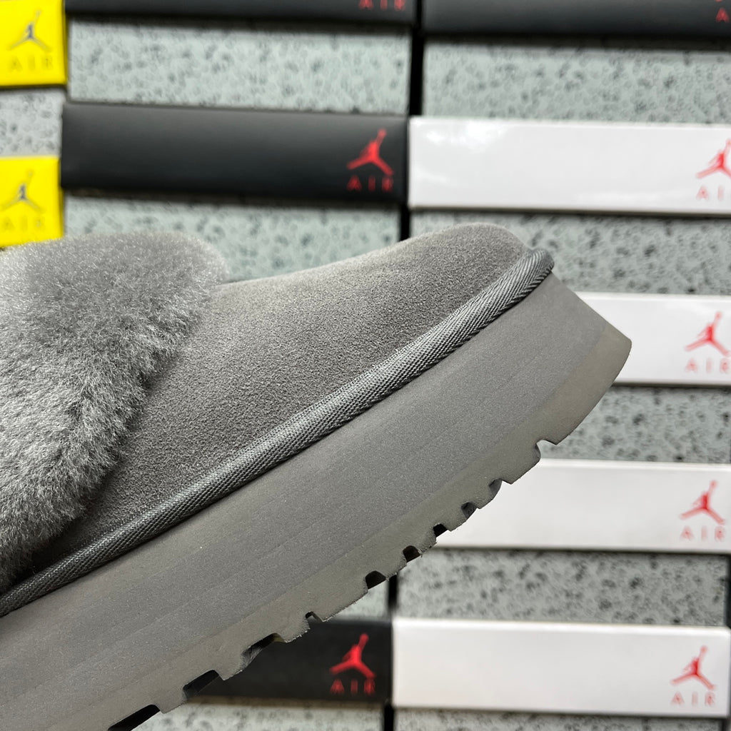 UGG Fluffy-Collar Platform Ankle Boots in Grey