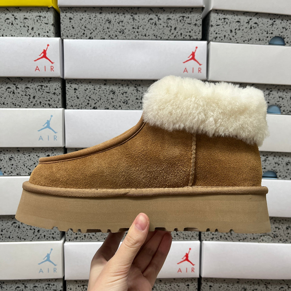 UGG Fluffy-Collar Zip-Front Platform Ankle Boots in Chestnut