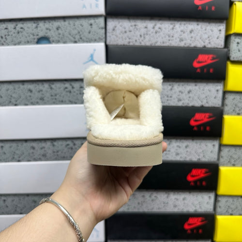 UGG Embroidered Fluffy-Trim Mule Slippers in Khaki