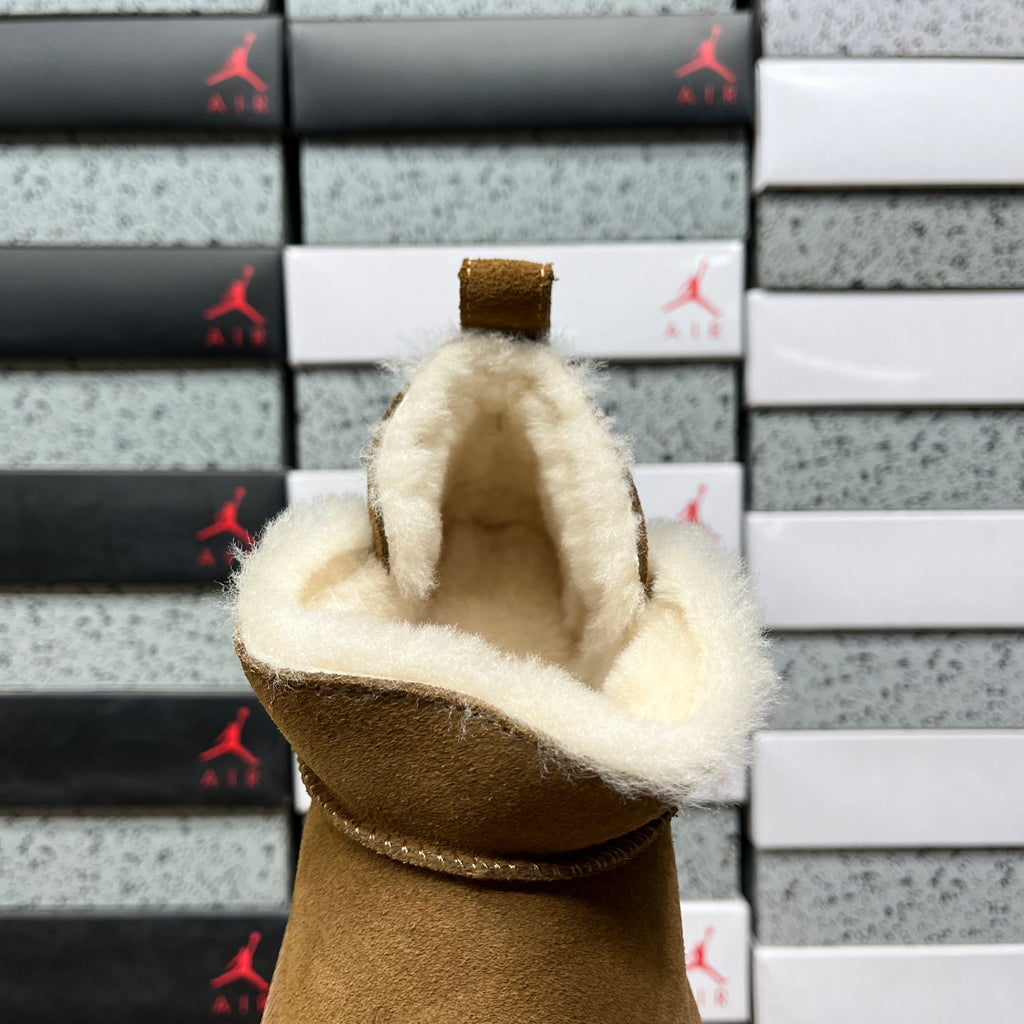 UGG Fluffy-Trim Mini Platform Ankle Boots in Chestnut