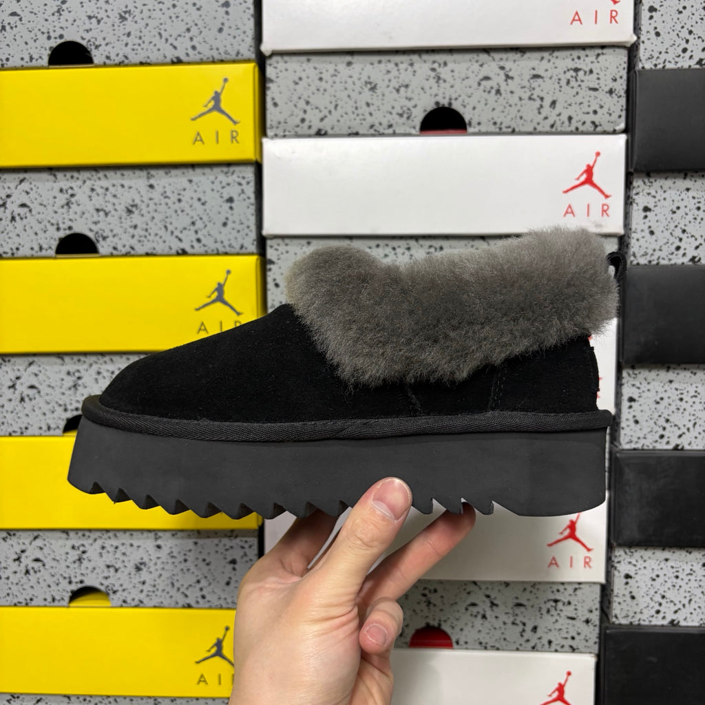 UGG Fluffy-Collar Platform Slip-On Shoes in Black & Grey