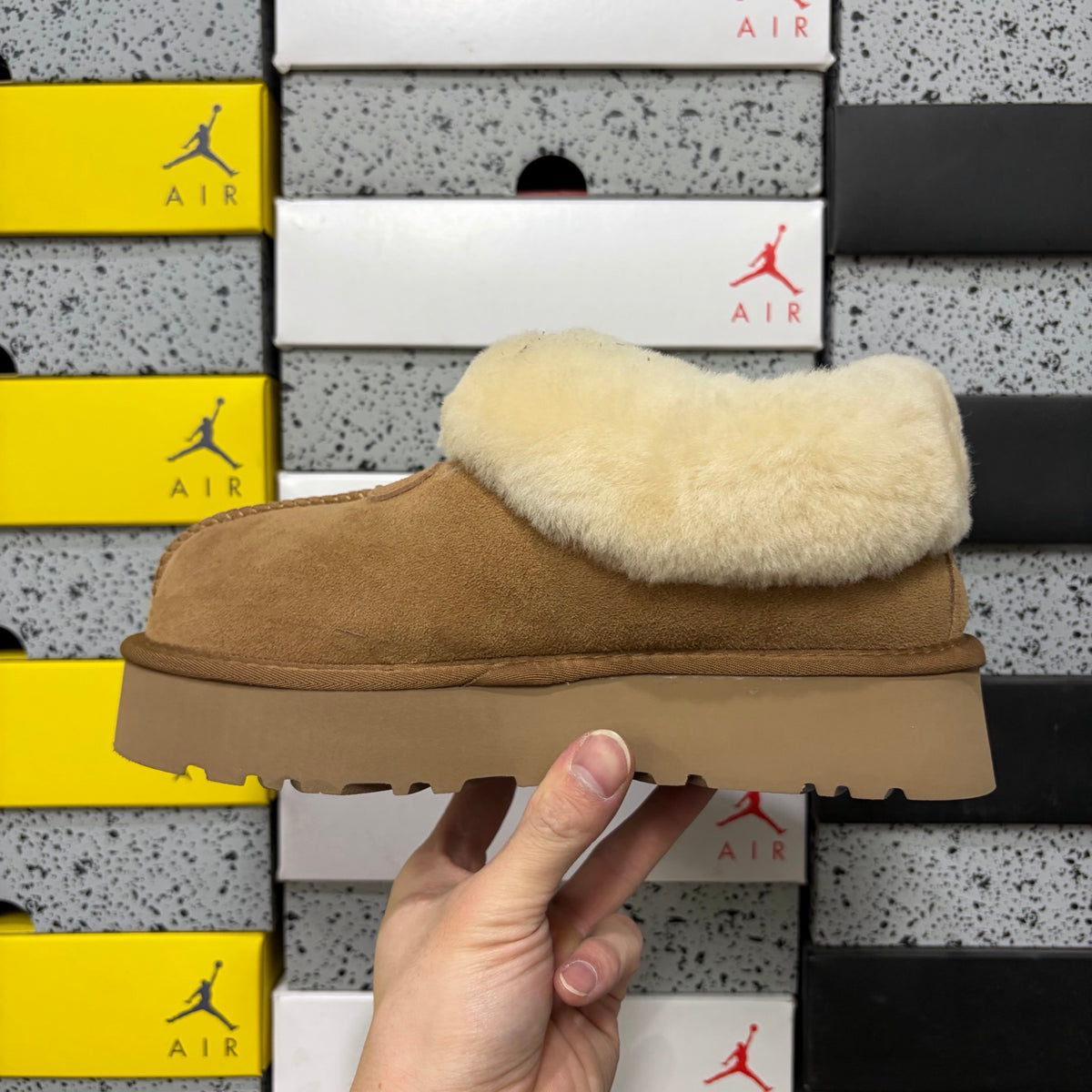 UGG Fluffy-Collar Platform Slip-On Shoes in Chestnut