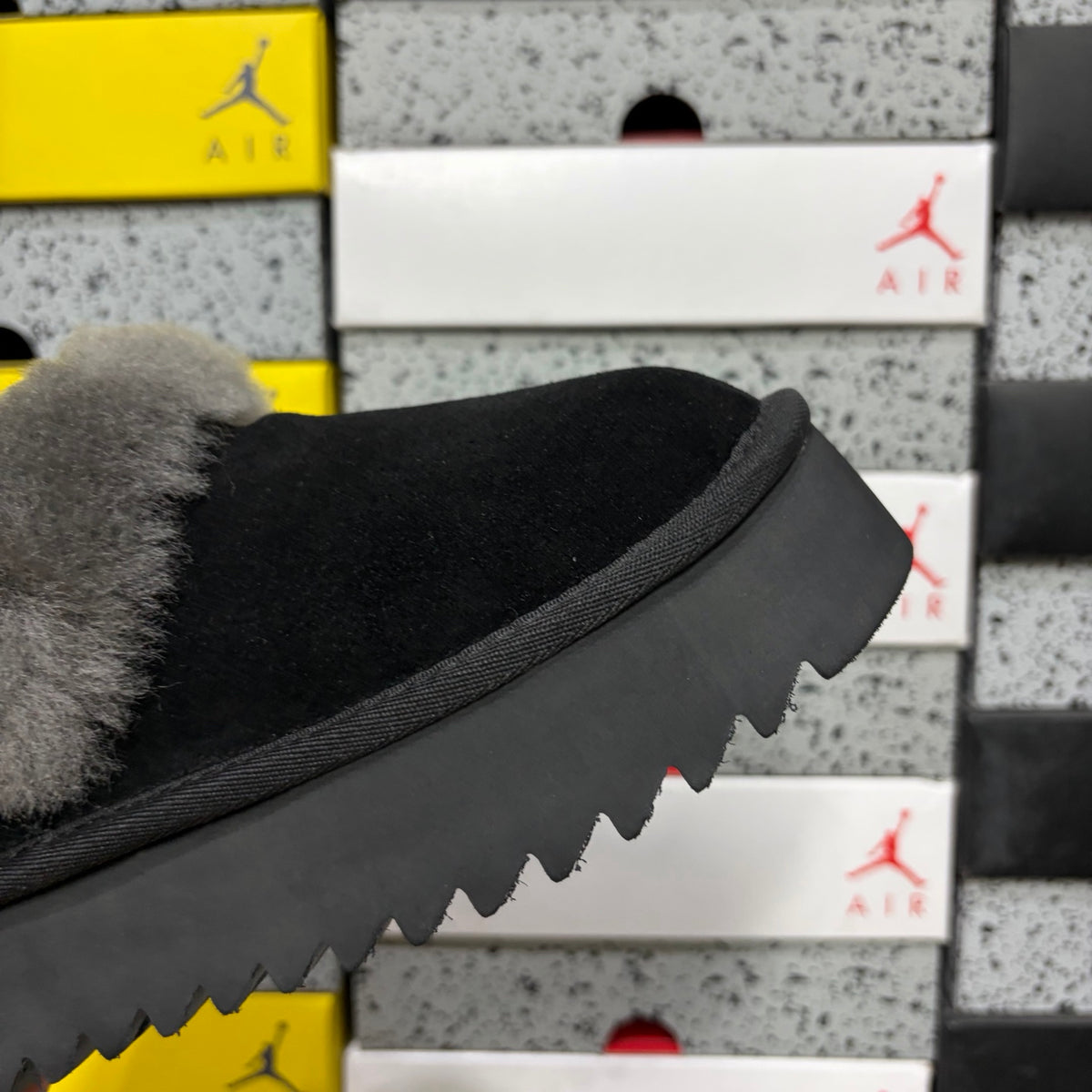 UGG Fluffy-Collar Platform Slip-On Shoes in Black & Grey