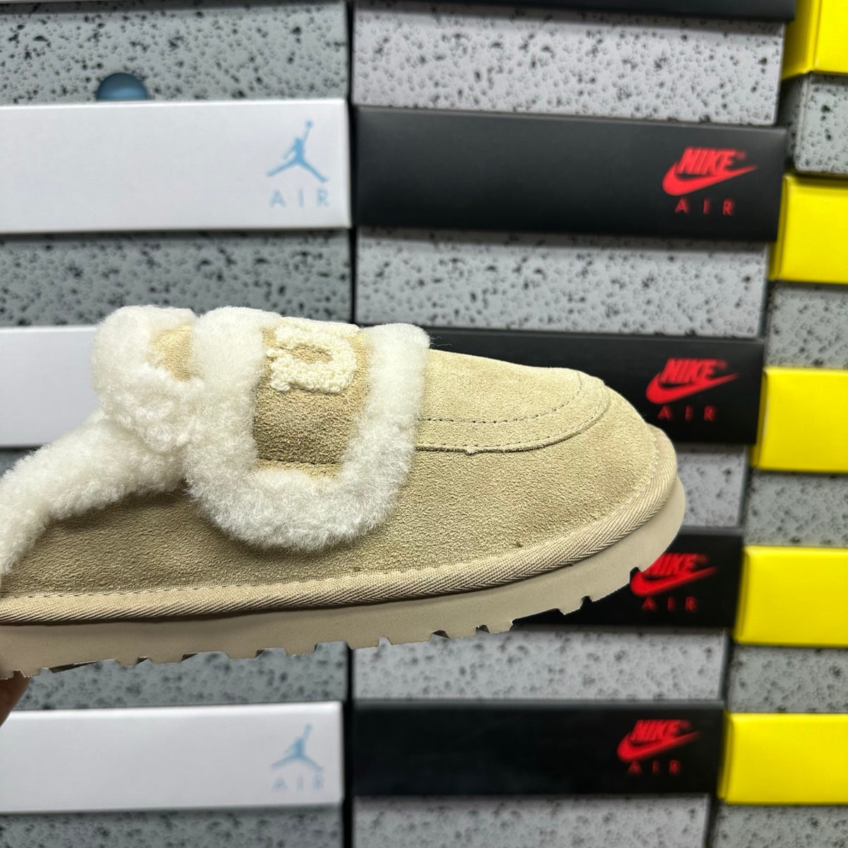 UGG Embroidered Fluffy-Trim Mule Slippers in Sand