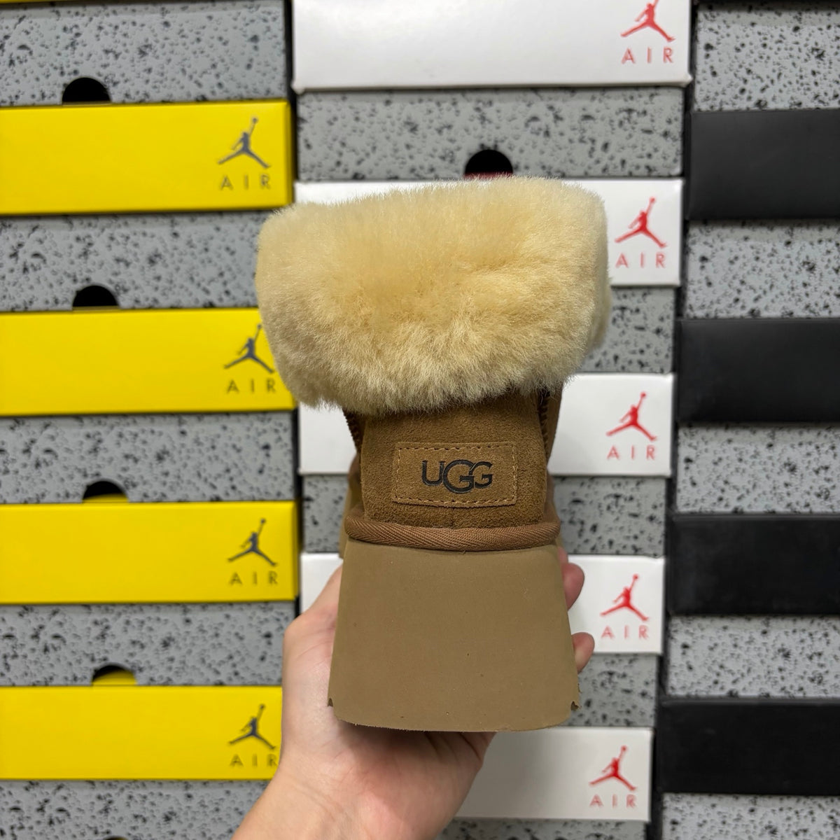 UGG Fluffy-Trim Platform Ankle Boots in Chestnut