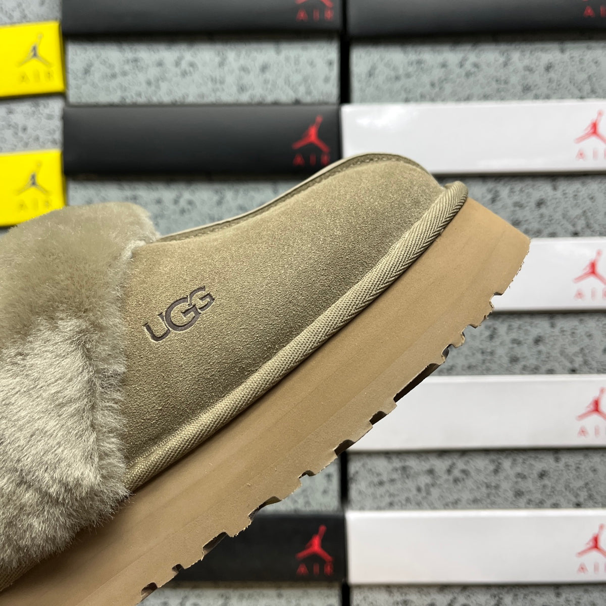 UGG Fluffy-Collar Platform Slippers in Antelope Brown