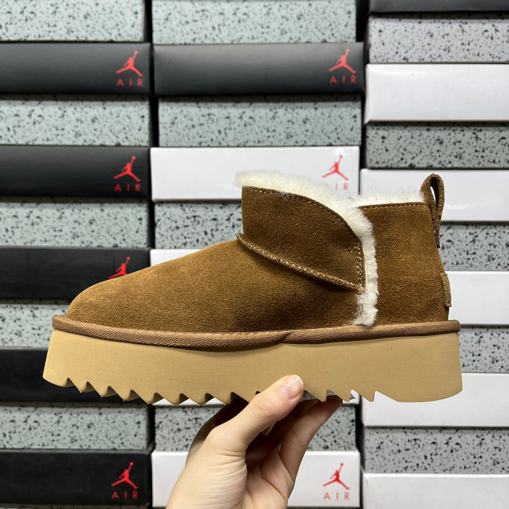 UGG Fluffy-Trim Mini Platform Ankle Boots in Chestnut