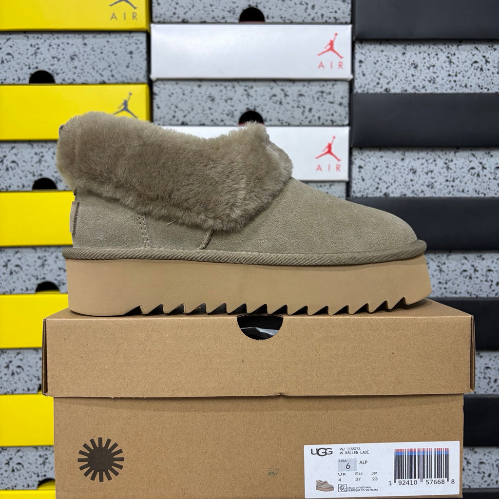 UGG Fluffy-Collar Platform Slip-On Shoes in Taupe Brown